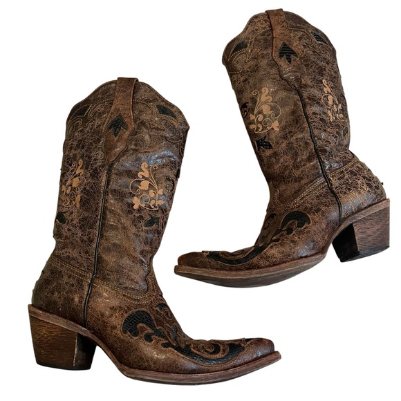 Corral Boots Brown Distressed Lizard Inlay Snip Toe style C2118, Sz 7 - Picture 2 of 16
